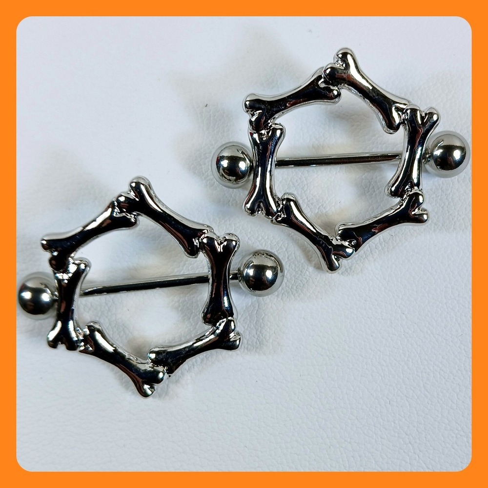 Vintage 90s 316L Surgical Steel 14G Bone Nipple Shields Pair Silver Hexagon New